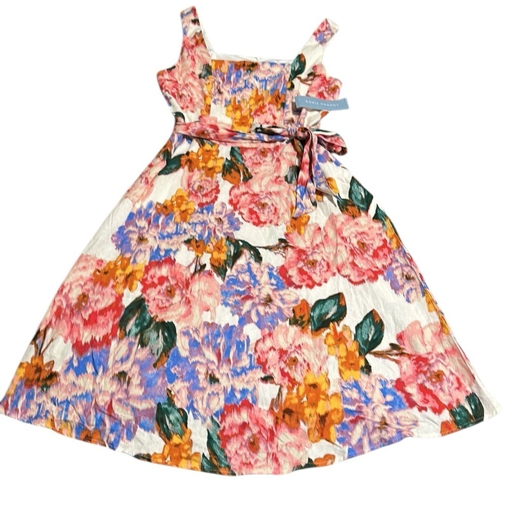 London Times NWT Floral Sleeveless Dress Square Neck A-line Linen Blend Size 12